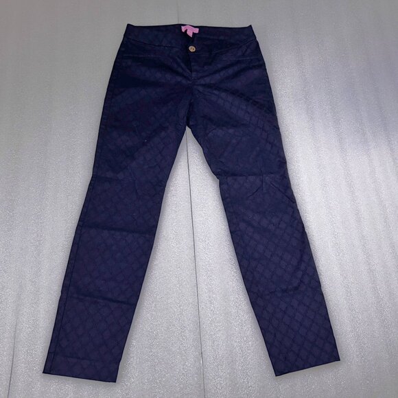 Lilly Pulitzer Kelly Textured Ankle Skinny Pants Womens Size 0 Zip Fly Navy Blue - Picture 1 of 12